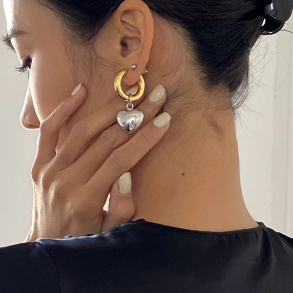 Statement Minimalist Gold Silver Color Mixed Solid Heart Pendant Hoop Earrings - Image 7